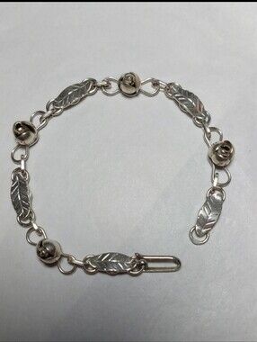 VINTAGE Sterling Silver 925 Feather & Roses Link Bracelet